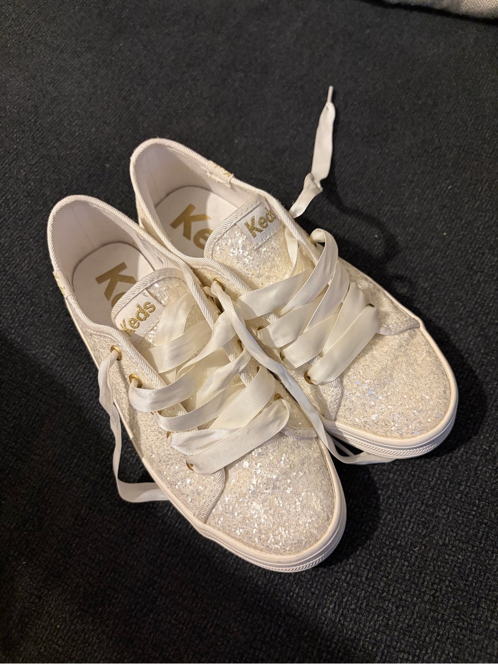 Keds Little Girl’s Cream Glitter Satin Ribbon Sneakers
